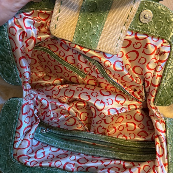 Y2k Vintage Guess Beige linen & Green Faux Python Leather Purse Handbag - Picture 5 of 10